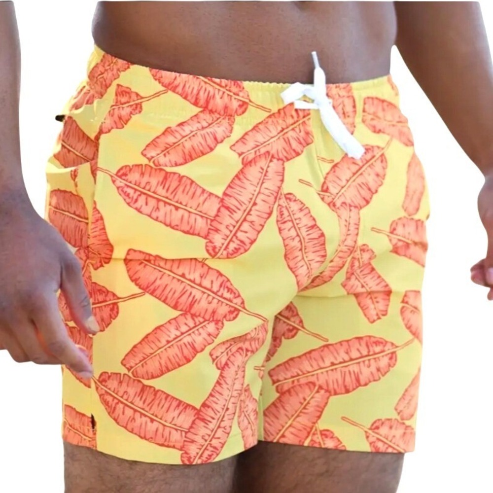 Bearbottom Stretch Swim Shorts Tropical Banana Leaf Print 5.5" Inseam Yellow XXL